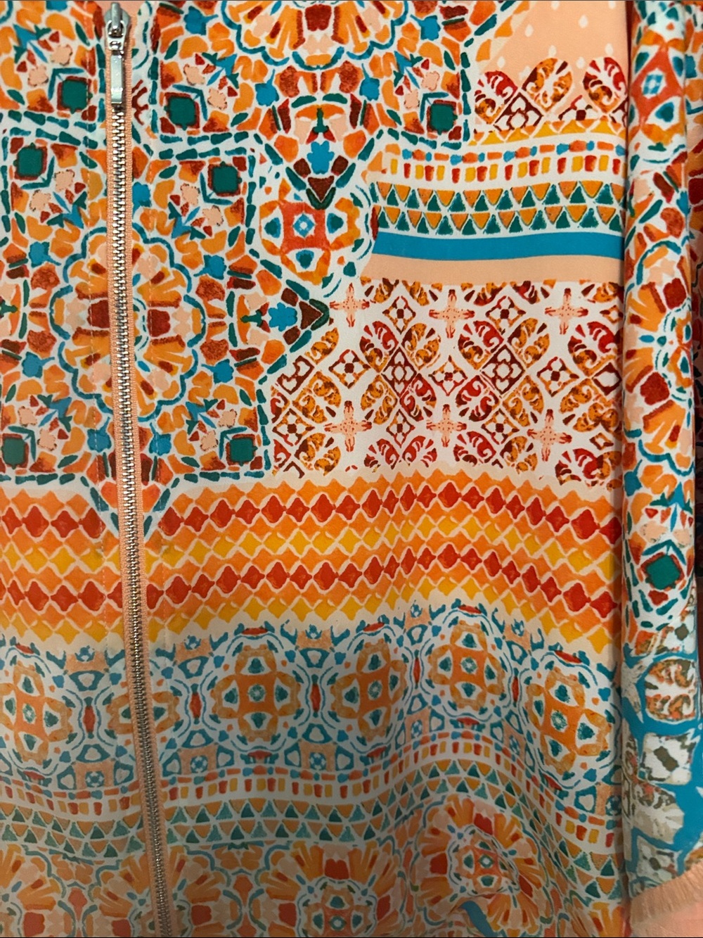 Chico's Peach and Teal Tile-Print Zip Front Cropped Jacket Blouse - Picture 11 of 11